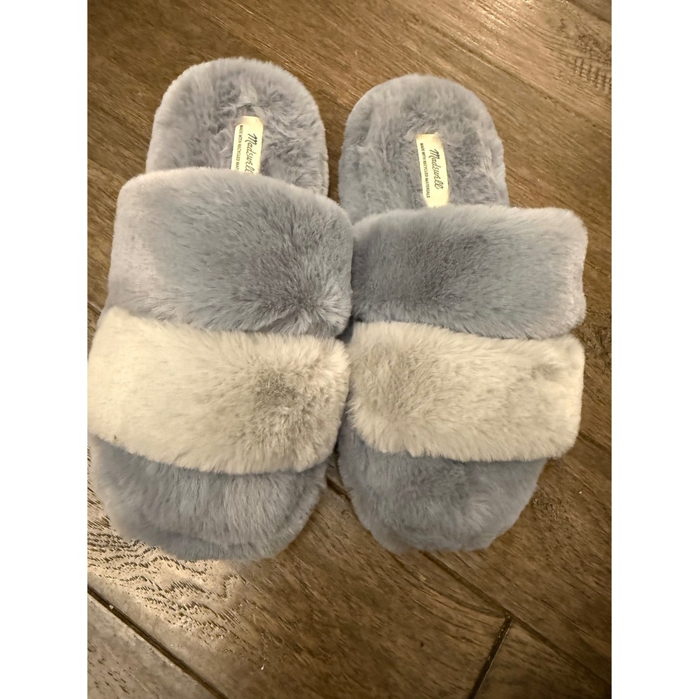 Madewell Scuff Slippers Women 8 Blue Faux Fur Recycled Colorblock Slide NA846